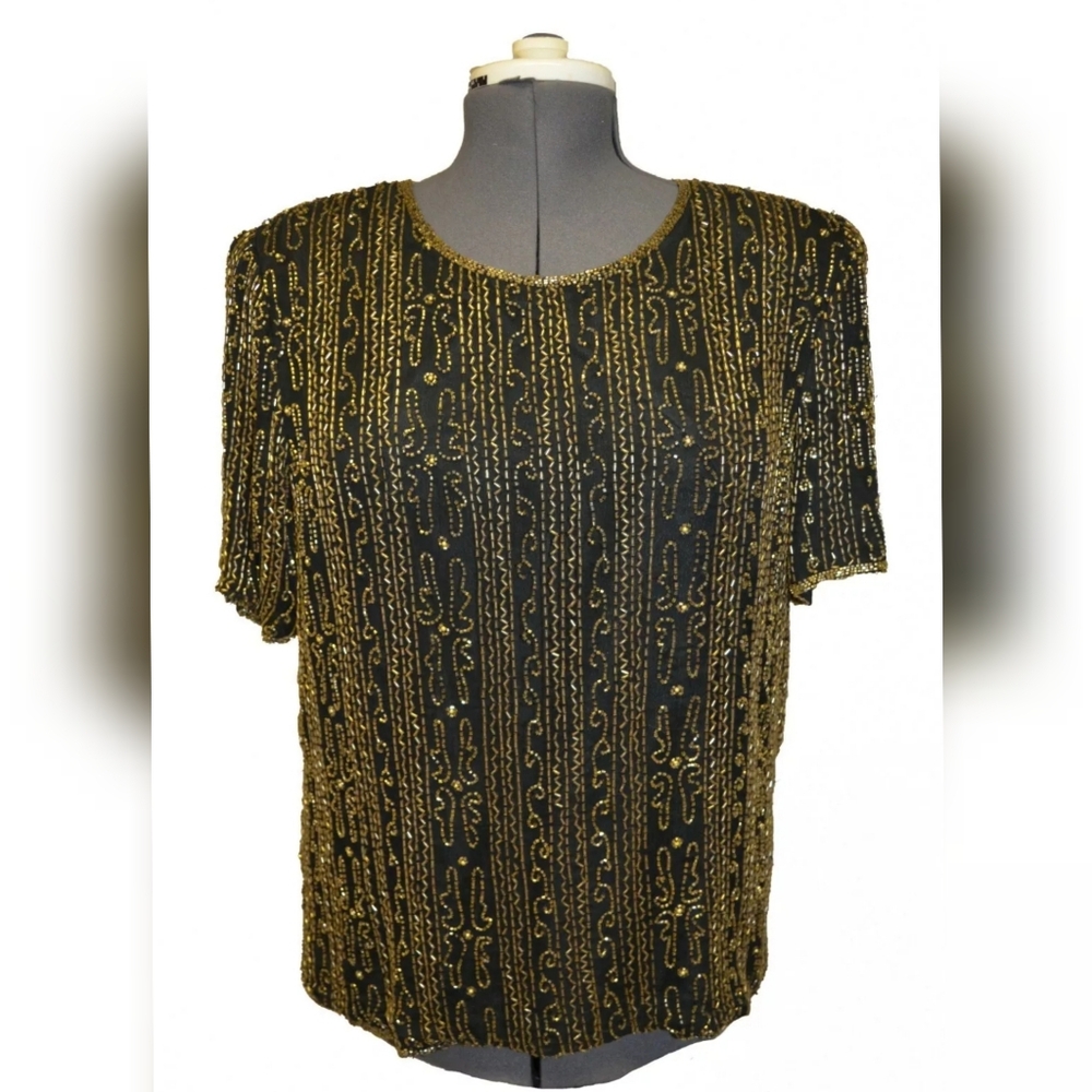 Cynthia Taylor Vintage 80s Gold Beaded Sequin Silk Formal Top blouse sz 1X